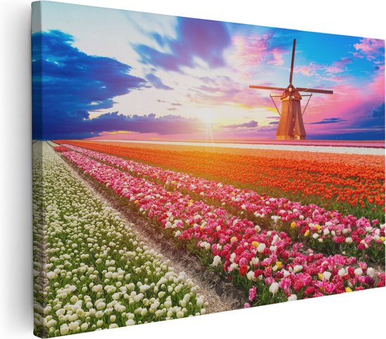 Artaza Canvas Schilderij Kleurrijke Bloemenveld Met Een Windmolen - 30x20 - Klein - Foto Op Canvas - Canvas Print