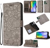 Voor Huawei Y6p Huid Voelen Reliëf Zonnebloem Horizontale Flip Lederen Case met Houder & Kaartsleuven & Portemonnee & Lanyard (Grijs)