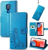 Voor Motorola G Play Vier-blad sluiting Reliëf Gesp Mobiele Telefoon Bescherming Lederen Case met Lanyard & Card Slot & Portemonnee & Beugel Functie (Blauw)