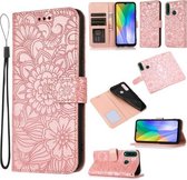 Voor Huawei Y6p Huid Voelen Reliëf Zonnebloem Horizontale Flip Lederen Case met Houder & Kaartsleuven & Portemonnee & Lanyard (Rose Goud)