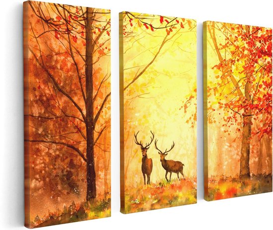 Artaza Canvas Schilderij Drieluik Getekende Herten In Het Bos - Herfst - 120x80 - Foto Op Canvas - Canvas Print