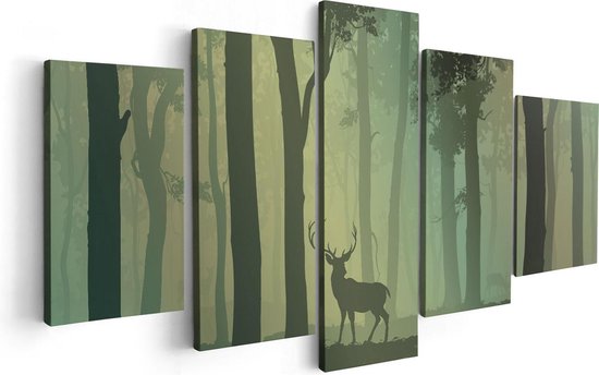 Pentaptyque Artaza - Peinture sur toile - Cerf dans la forêt - Silhouette - 100x50 - Photo sur toile - Impression sur toile