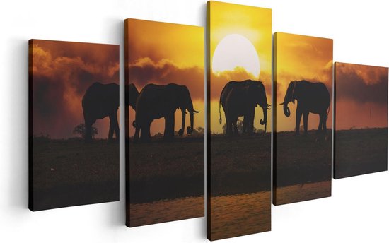 Artaza Canvas Schilderij Vijfluik Silhouet Olifanten Tijdens Zonsondergang - 100x50 - Foto Op Canvas - Canvas Print