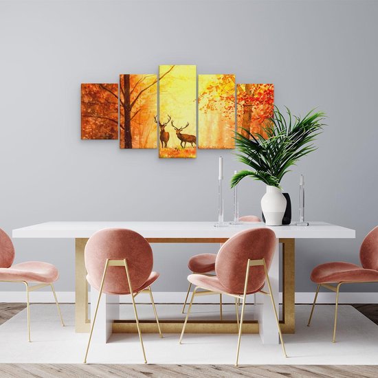 Artaza - Peinture sur toile Pentaptyque - Cerf dessiné dans la forêt - Automne - 100x50 - Photo sur toile - Impression sur toile