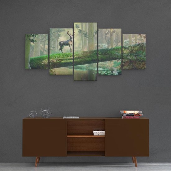 Artaza - Toile Peinture Pentaptyque - Cerf Dans La Forêt Sur Un Arbre - 100x50 - Photo Sur Toile - Impression Sur Toile