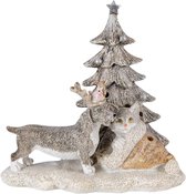 Clayre & Eef Decoratie Beeld Kat en Hond 16*10*15 cm LED Grijs, Beige, Wit Kunststof Kerst decoratie Decoratief Figuur Woonaccessoires