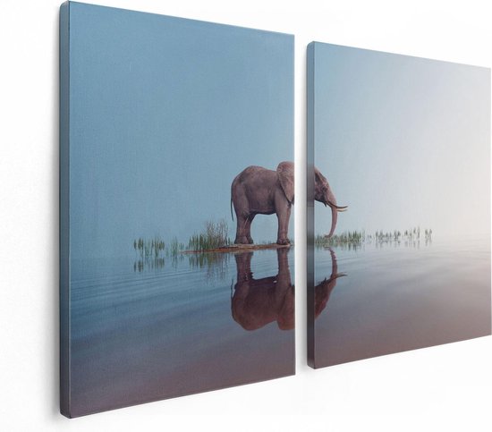 Artaza Canvas Schilderij Tweeluik Olifant Bij Het Water - 120x80 - Foto Op Canvas - Canvas Print