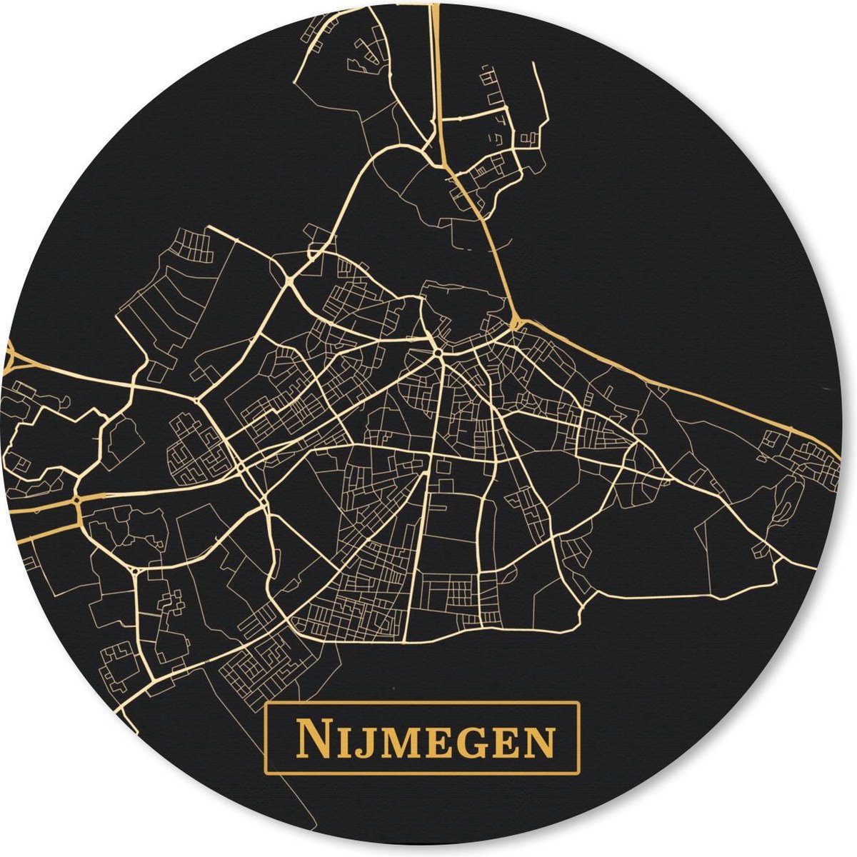 Muismat rond 30x30 cm - Mousepad Kaart - Nijmegen - Goud - Zwart - Ronde muismatten