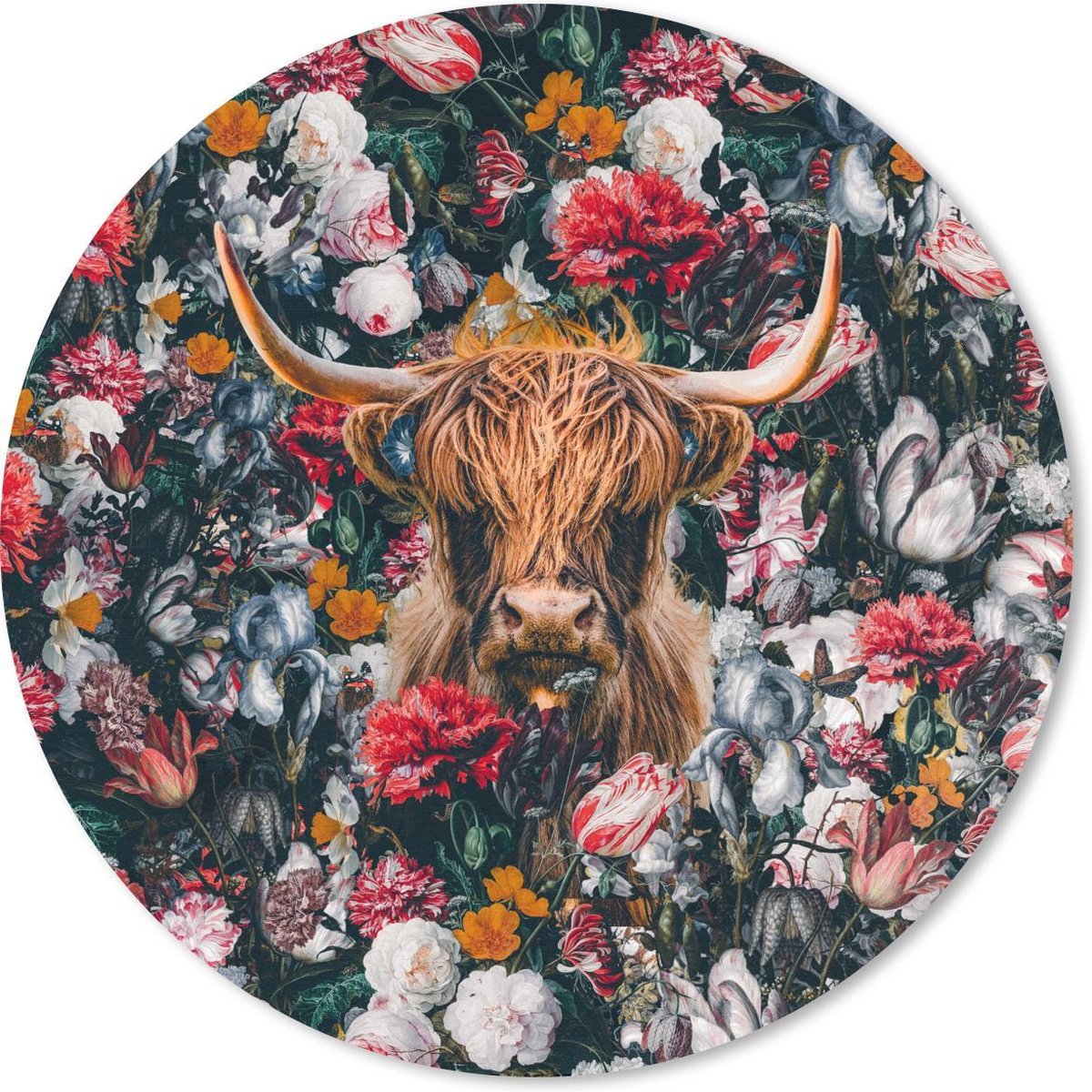 Muismat rond 30x30 cm - Mousepad Koe - Bloemen - Bruin - Ronde muismatten