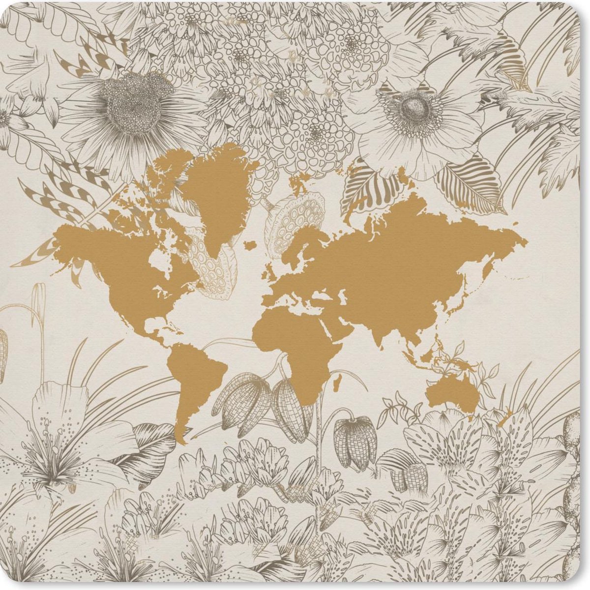 Muismat 20x20 cm - Mousepad Wereldkaart - Bloem - Goud - Muismatten