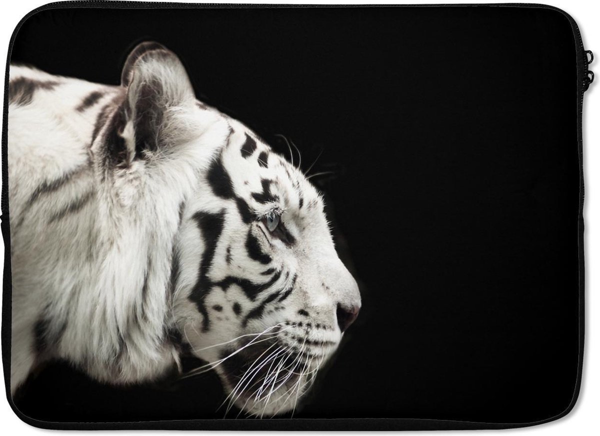 Laptophoes 14 inch - Tijger - Wit - Zwart - Laptop sleeve - Binnenmaat 33x23 cm - Zwarte achterkant