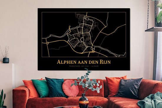Décoration murale Métal - Aluminium - Carte - Alphen aan den Rijn - Zwart - Or - 150x100 cm