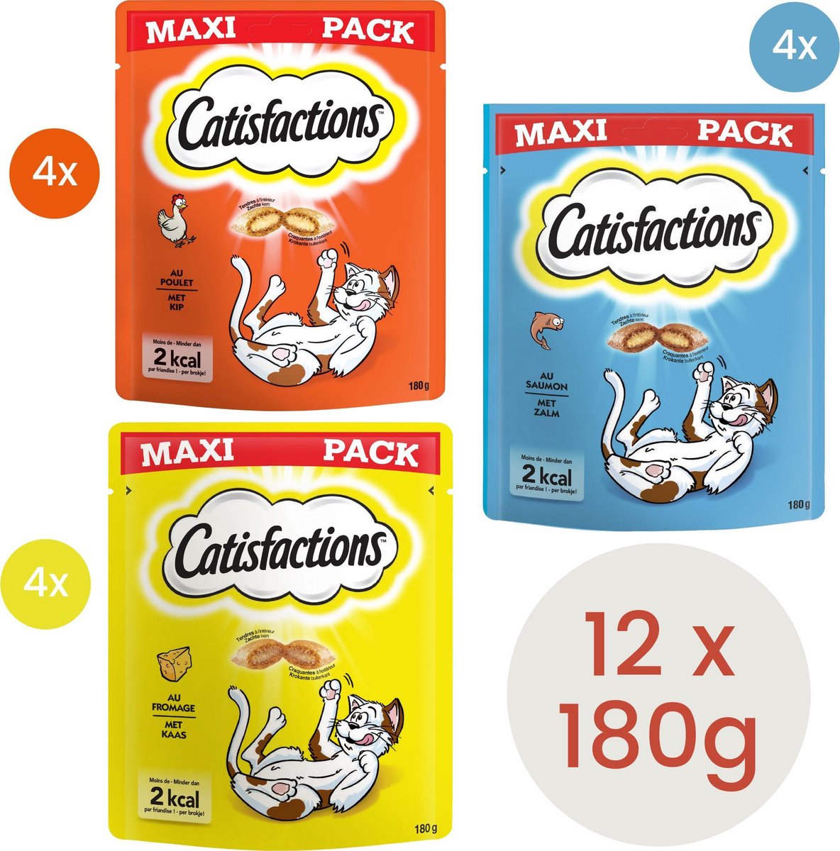 Mélange de friandises pour chats Catisfactions - Boeuf, Kip, Fromage - 12  sachets de