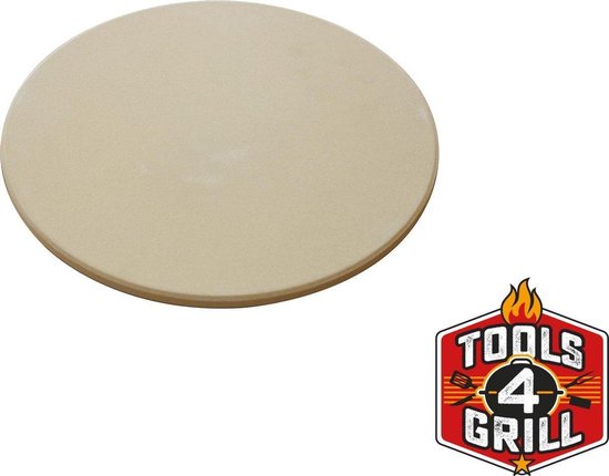 Ronde, beige pizzasteen, gezien vanaf de zijkant. "Tools4Grill" logo.