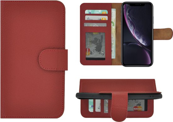 iPhone XR Case Cuir - Bookcase - iPhone XR Book Case Portefeuille Cuir Véritable Couverture Rouge