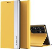 Voor Samsung Galaxy Note20 Ultra Side Electroplated Magnetische Ultradunne Horizontale Flip Leather Case met Houder (Geel)