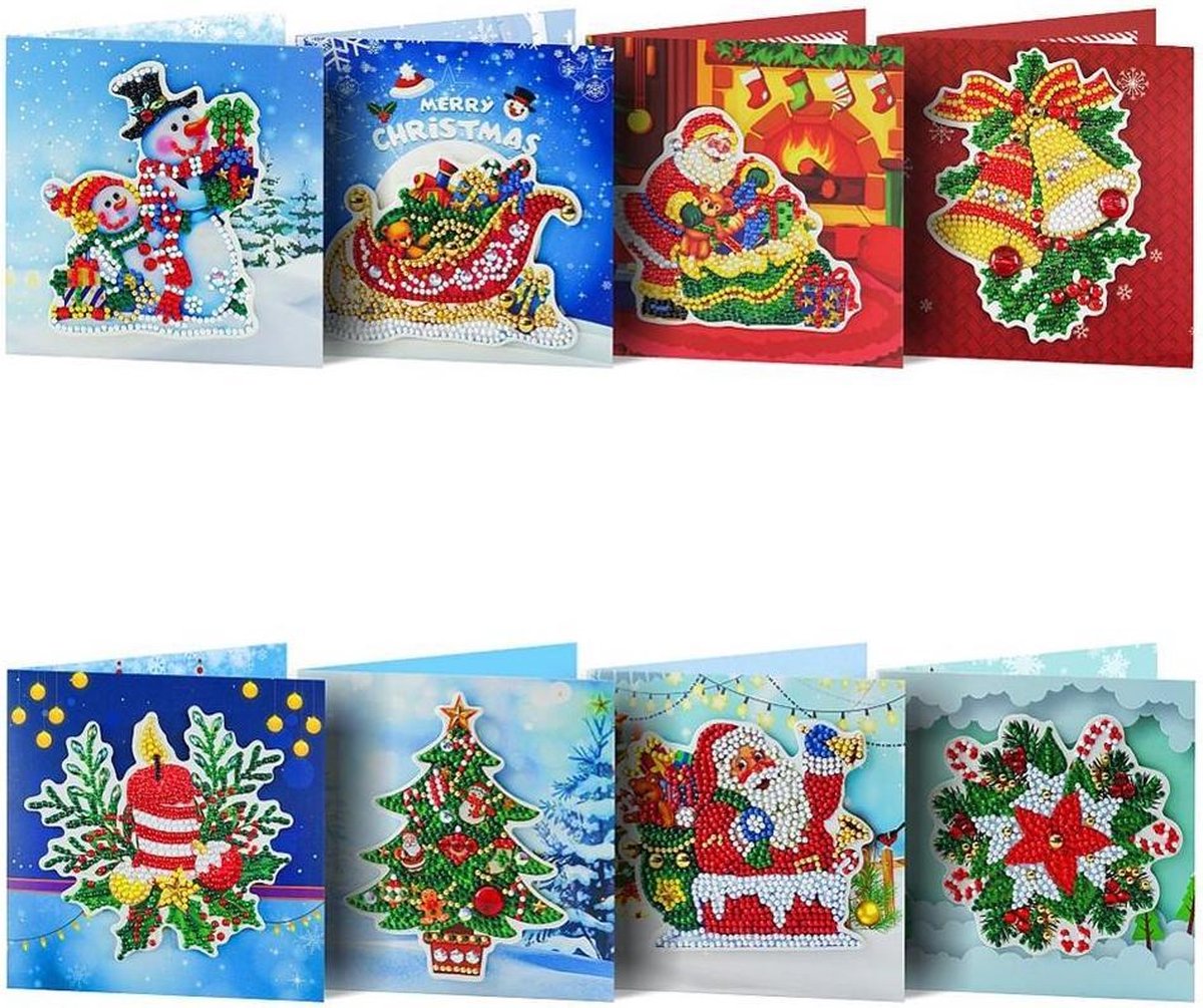 Diamond Painting Kaarten - 3 D Kerstkaarten set - 8 kaarten met enveloppen - Compleet pakket - Hobbypakket