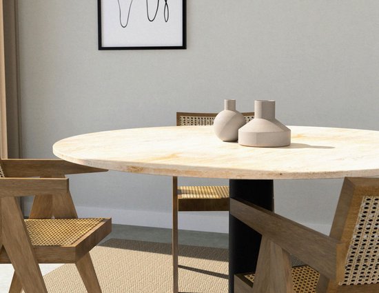 Table à manger ronde KIYO - Travertin (Pied central noir) - 110 cm | bol.com