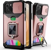 Sliding Camera Cover Design PC + TPU Schokbestendig hoesje met ringhouder en kaartsleuf voor iPhone 12/12 Pro (rosé goud)