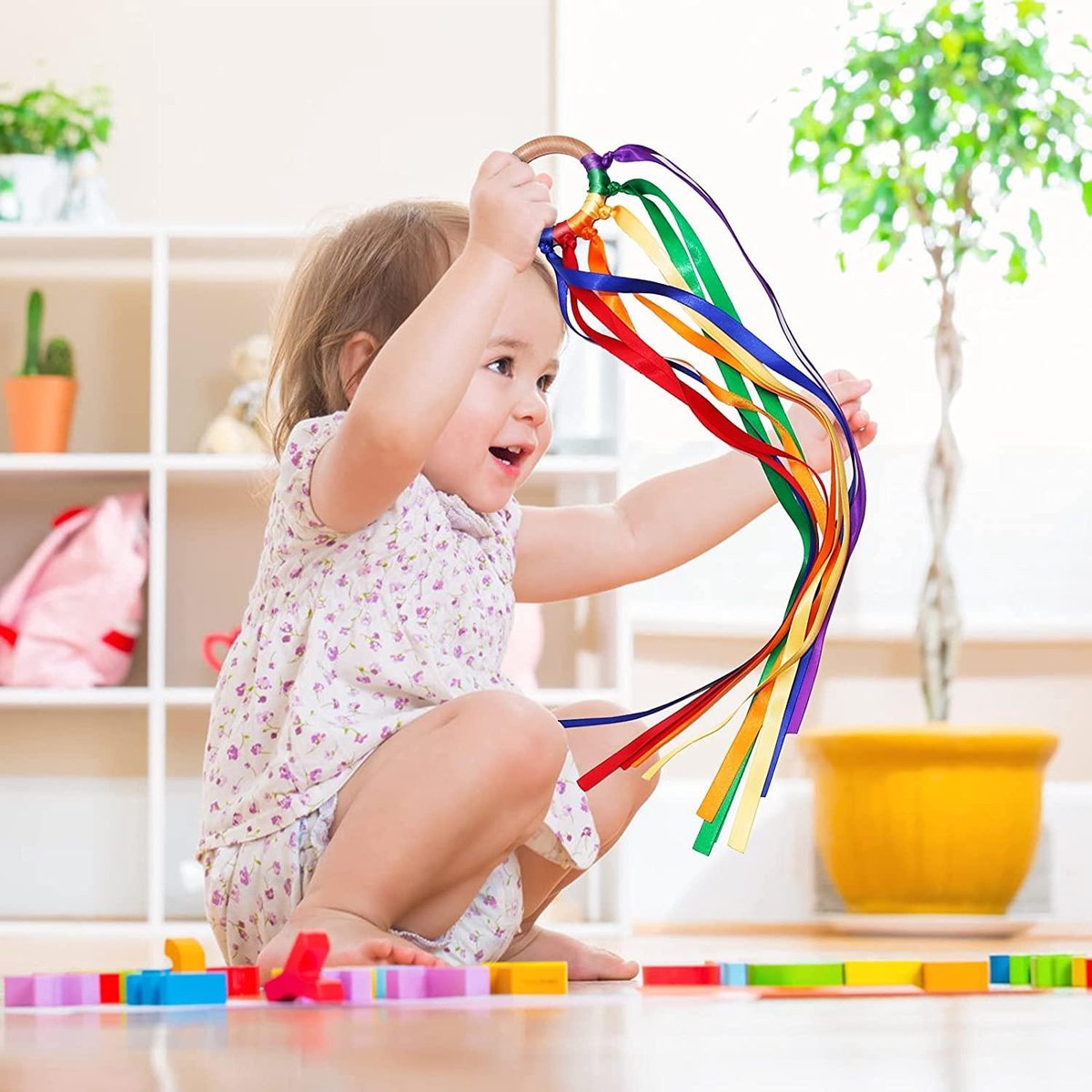 WoodyDoody Regenboog Ring Set van 2 Stuks Buitenspeelgoed Rammelaar Bijtspeelgoed Strandspeelgoed van Hout Speelgoed Ringen met Regenboog Lintjes Speelgoed Kinderen - Houten Speelgoed Baby Peuter Speelgoed — afbeelding 2