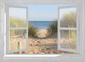 D&C Collection - tuinposter - 130x95 cm - doorkijk - openslaand wit venster - duinovergang - tuindoek - schuttingposter - tuindecoratie