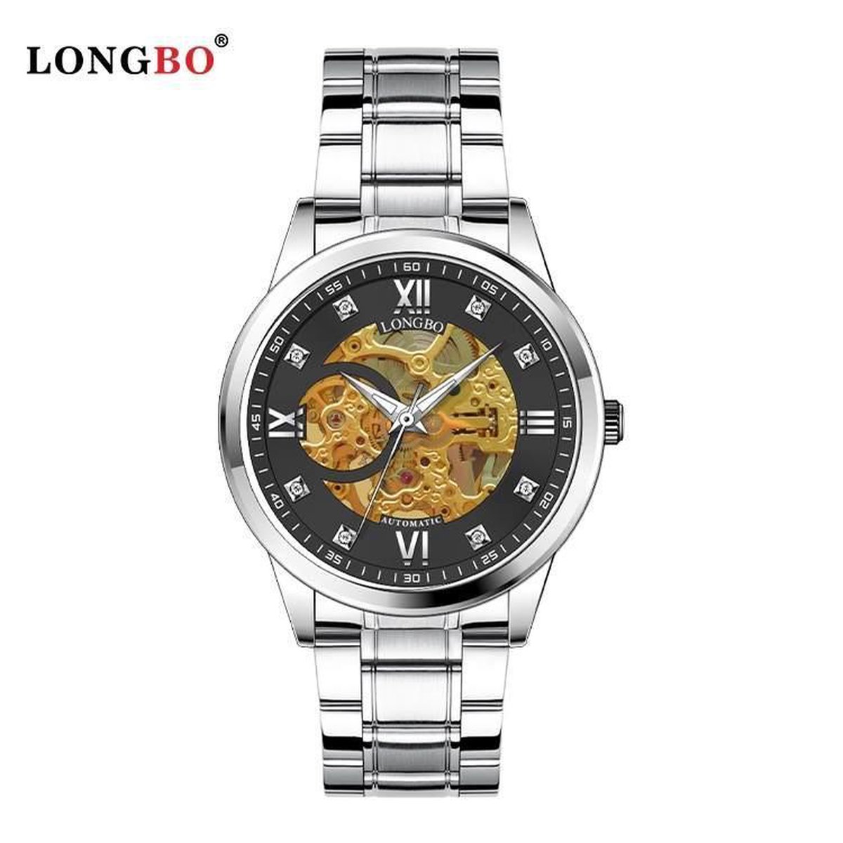 Longbo - Unisex Horloge - Skeleton - Zilveren Stalen Band - Zilver-Zwart-Goud - 40mm - Automatic
