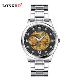 Longbo - Unisex Horloge - Skeleton - Zilveren Stalen Band - Zilver/Zwart/Goud - 40mm - Automatic