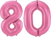 De Ballonnenkoning - Folieballon Cijfer 80 Roze Metallic Mat - 86 cm