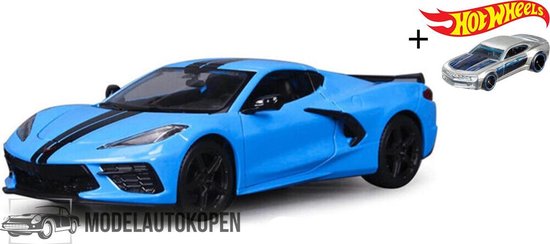 2020 Chevrolet Corvette Stingray Coupe Z51 (Blauw) (15cm) 1/24 Maisto + Hot Wheels Miniatuurauto + 3 Unieke Auto Stickers! - Model auto - Schaalmodel - Modelauto - Miniatuur autos - Speelgoed voor kinderen