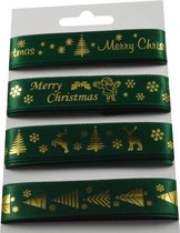 Kerst Lint Set 16mm (1,6cm) | Luxe Satijnlint | Merry Christmas | 4 verschillende Kerstlinten | Donker Groen met Goud | Cadeaulint | Set: 4 x 2 Meter