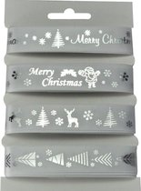 Kerst Lint Set 16mm (1,6cm) | Luxe Satijnlint | Merry Christmas | 4 verschillende Kerstlinten | Wit met Zilver | Cadeaulint | Set: 4 x 2 Meter