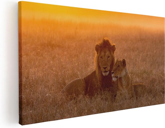 Artaza Canvas Schilderij Leeuw En Leeuwin Tijdens Zonsondergang - 120x60 - Groot - Foto Op Canvas - Canvas Print