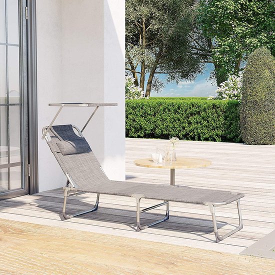 SONGMICS Zonneligstoel, ligstoel, tuinligstoel, met hoofdsteun en zonnedak, rugleuning verstelbaar, licht, inklapbaar, 53 x 193 x 29,5 cm, tot 150 kg belastbaar, tuin, balkon, grijp GCB19T van Merkloos — afbeelding 5