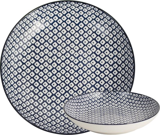 Witte kom met blauw ruitpatroon, naast een grote witte bord met hetzelfde patroon.