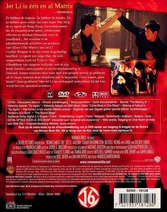 Achterkant van de "Romeo Must Die" DVD-hoes met Jet Li en Aaliyah.