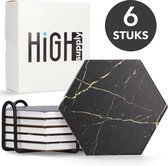 HighSupply Design Onderzetters van Marmer en Keramiek voor Glazen – Zwart – 6 Onderleggers – Glasonderzetters met Houder - Kurk