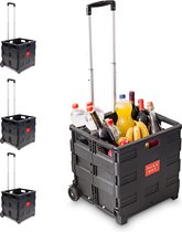 Bol.com Relaxdays 4x boodschappentrolley - krat op wielen - tot 35 kg - opvouwbaar - trolley aanbieding