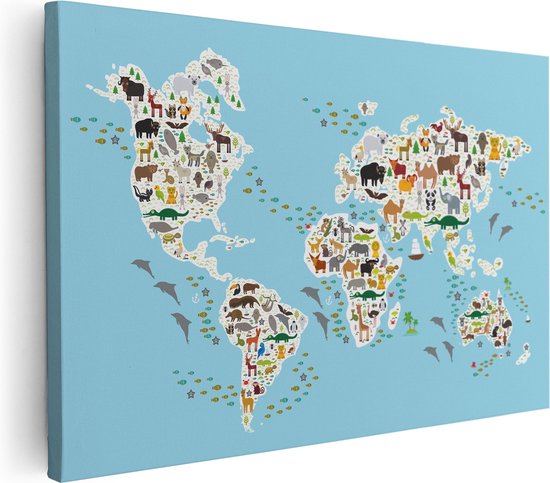 Artaza Peinture Sur Toile Carte Du Wereldkaart Avec Des Animaux - 120x80 - Groot - Photo Sur Toile - Impression Sur Toile