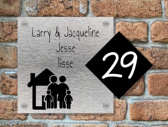 Naambordje / huisnummer voordeur huis familie Rvs-look 20x28cm met rvs afstandhouders