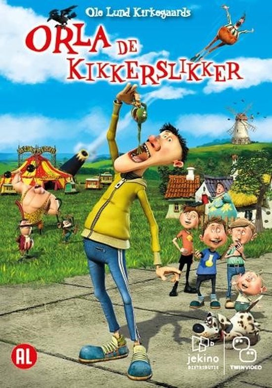 Orla de Kikkerslikker. Een jongen eet een kikker met een gele jas en blauwe broek. Een circus en molen op de achtergrond.