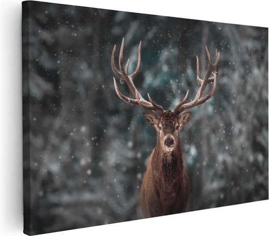 Artaza Canvas Schilderij Hertenkop - Hert In De Sneeuw  - 30x20 - Klein - Foto Op Canvas - Canvas Print