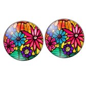 Clip Oorbellen-Cabochon-2 cm-Rond -Bloemen-Rood-Geel-Geen gaatje-Charme Bijoux