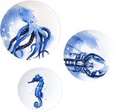 Heinen Delfts Blauw | Wandborden mix 4 zeedieren - set - 3 stuks