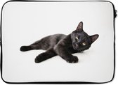 Laptophoes 14 inch - Liggende zwarte kat - Laptop sleeve - Binnenmaat 34x23,5 cm - Zwarte achterkant
