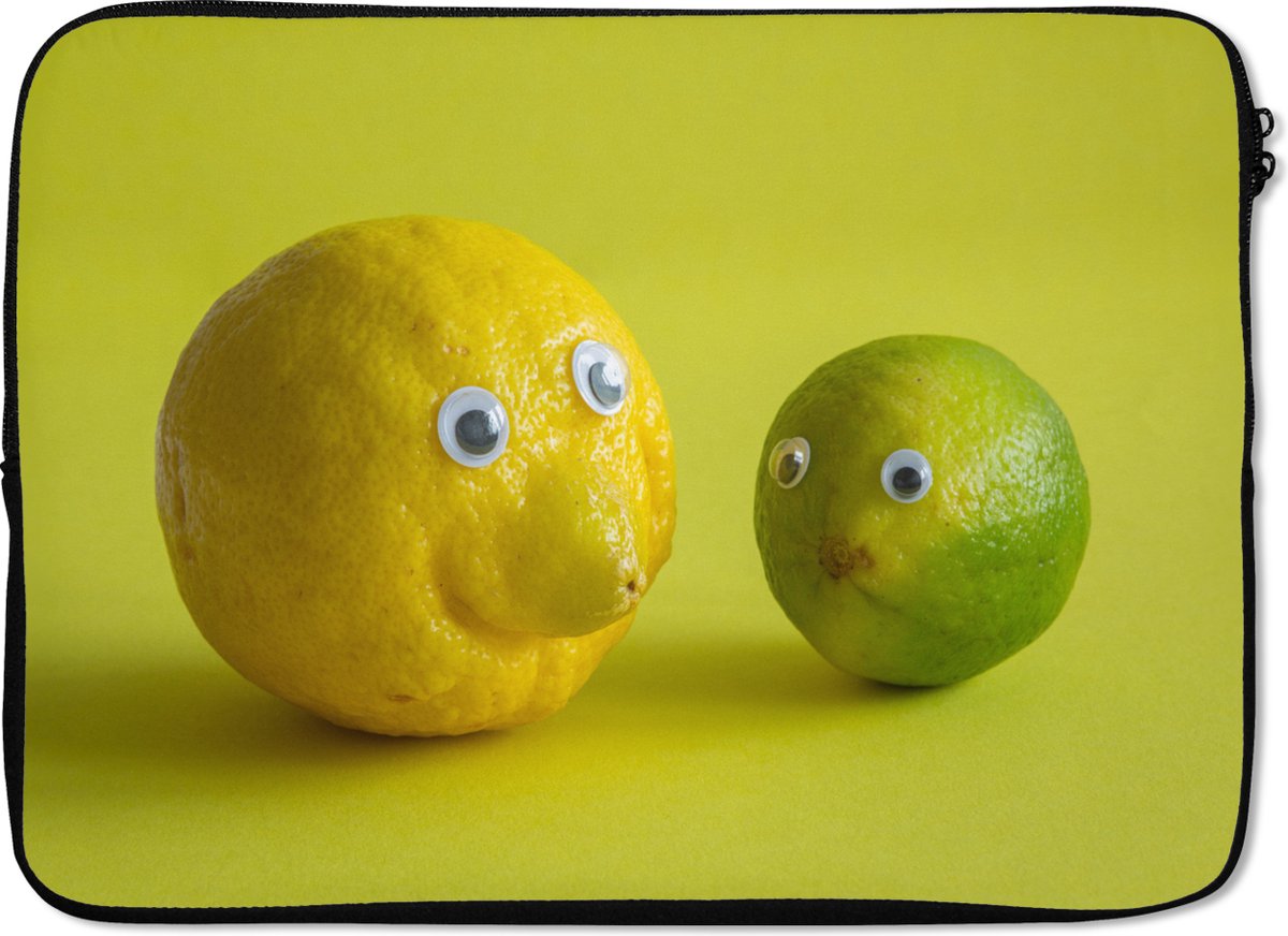 Laptophoes 14 inch - Lemon and lime with googly eyes - Laptop sleeve - Binnenmaat 33x23 cm - Zwarte achterkant