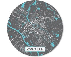 Muismat rond 30x30 cm - Mousepad Plattegrond - Zwolle - Grijs - Blauw - Ronde muismatten - Stadskaart