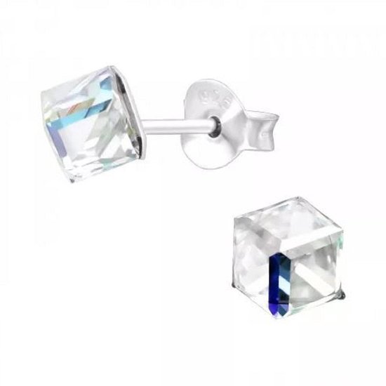 Zilveren oorknop, Crystal cube Swarovski kristal (6MM)
