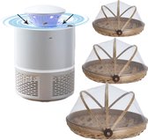 Anti-Muggen en Vliegen Voordeelpakket | Muggenlamp LED met aanzuiging | 3x Bamboe Vliegenkapjes | Merk Flystopper