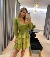 MKL - Dames midi jurk -Kleur groen - geborduurde jurk - Elegant elastiek - Maat S/M- Kleur avocado groen