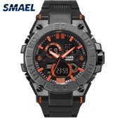 Heren Horloge Zwart met Oranje details | SMAEL 8883 | Waterdicht |Analoog | Digitaal | Mud Master | Mudmaster | Shock | Leger | Grof | Licht | Rubberen band | Timer | Eyecatcher |